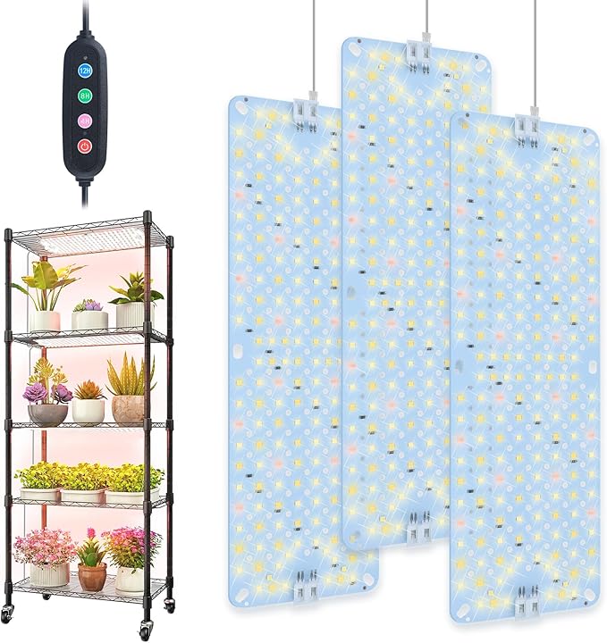 3Pack 2026 Ultra-Thin Panel Grow Lights for Seed Starting, Vegetables, Greenhouse & Under Cabinet & Shelf Plants with Timer 4/8/12/16/20H, Free Connect Full Spectrum Indoor LED Plant Growing Lamps
