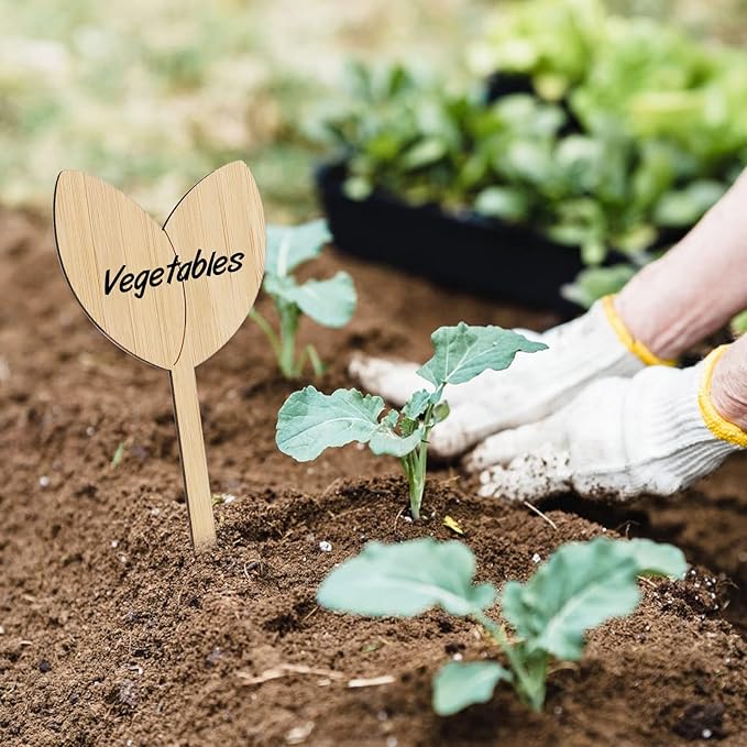 Bamboo Plant Labels Nursery Plant Tags Garden Labels Cute Leaf Shape for Seed Plants with Permanet Marking Pen