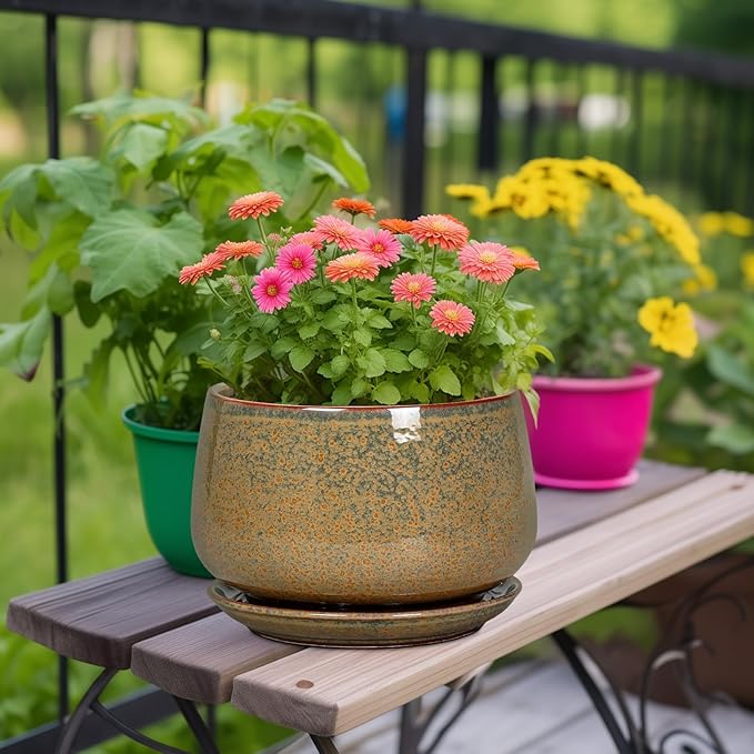 G EPGardening Ceramic Planters - 9 Inch Ceramic Pots for Plants Indoor Outdoor, Round Planter with Drainage and Saucer, Modern Indoor Flower Pots, House Room Decor, Gift for Women Men, Speckled Brown