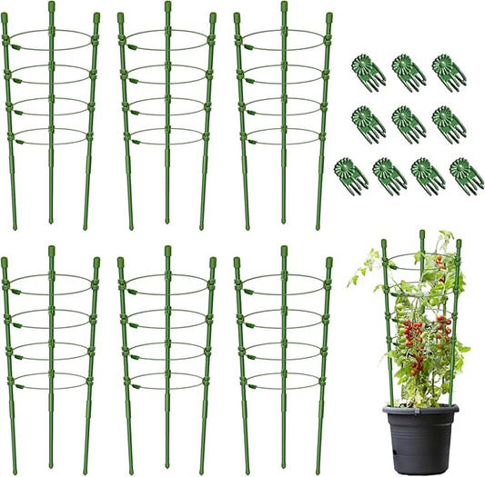 Legigo 6 Pack 24 Inch Plant Support Cages Tomato Cage for Garden- Plant Cages Adjustable Rings, Tomato Plant Support Stakes Trellis for Pots, Peppers, Cucumbers and Flowers with 10 Plant Clips