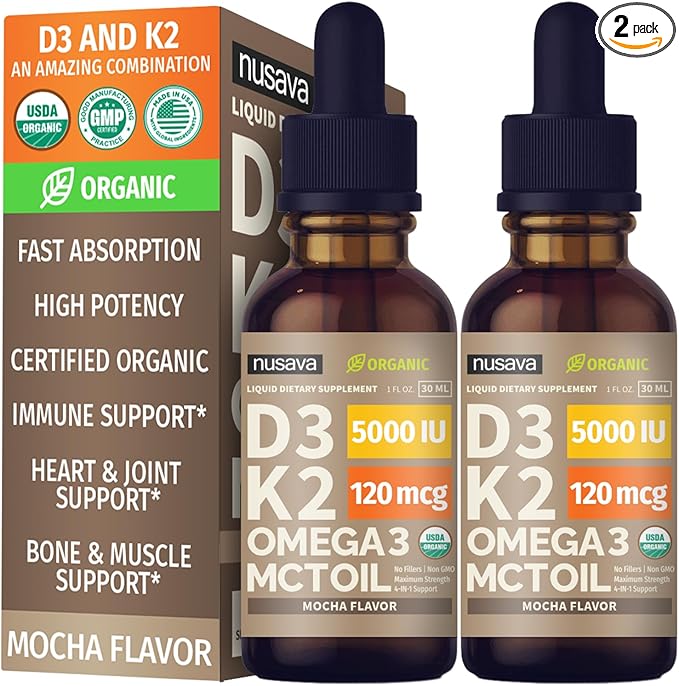 NUSAVA (2 Pack) Organic Vitamin D3 K2 Drops with MCT Oil Omega 3, 5000 IU, Maximum Strength Vitamin D Liquid, No Fillers, Non-GMO Liquid D3 for Faster Absorption and Immune Support (Mocha, 2 Fl Oz)