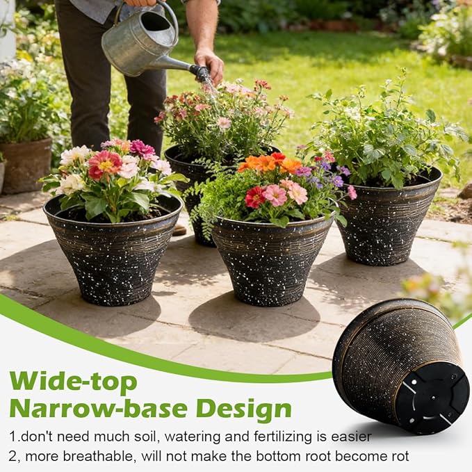 RooTrimmer 15.7 Inch Plant Pots 4 Pack, Large Planter Pots for Plants Indoor Outdoor, Sturdy Plastic Flower Pots with Drainage Hole, Retro Decorative Garden Pots, Plant Containers for House, Black