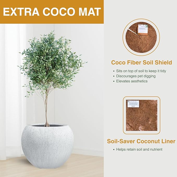 KUTE NEST 16" H x 20" D Premium Ribbed Globo Fiberstone Round Planter with Drainage Hole, Weather Resistant for Indoor and Outdoor Use, Included 2 Extra Coco Mats (Speckled White, 13.5" Pot Opening)