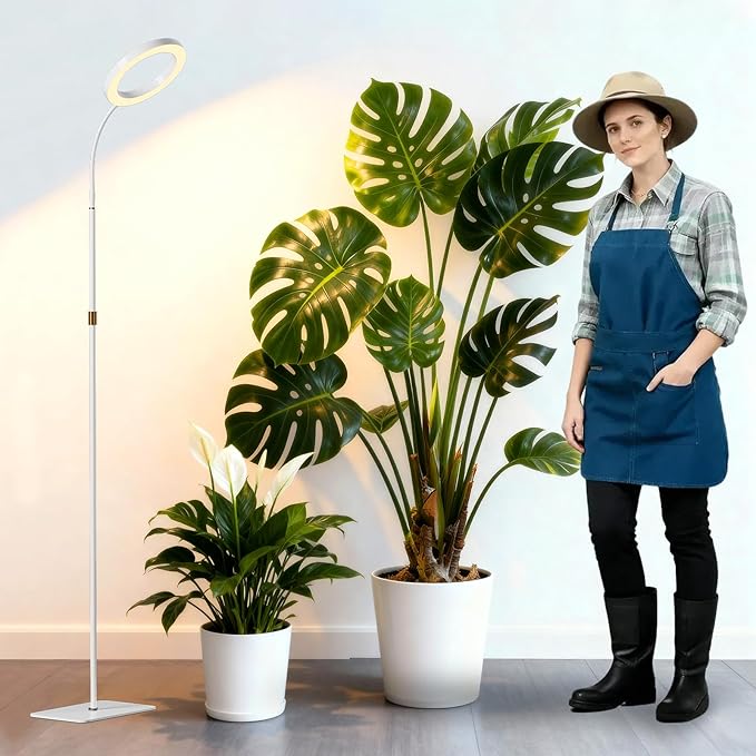 SDOVUERC Full Spectrum Grow Light with Stand for Indoor Plants, Floor Plant Light, 6/12/18H Timer, 3 Color Modes, Adjustable Height 16.5–68in, for Large Plants & Home Décor(1 Head,White)