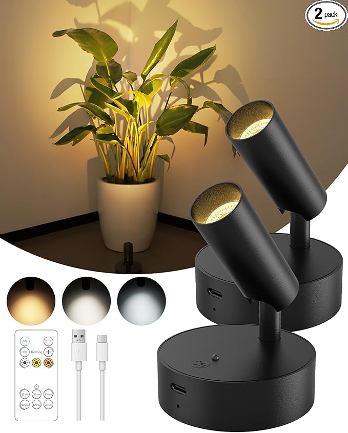 GOODEA Spotlights Indoor with Remote, 3000mAh Rechargeable Battery Plant Spotlight Indoor, Wireless Uplighting with 3 Colors & Dimmable, LED Picture Light for Painting, Artwork Accent Lighting(2 Pack)