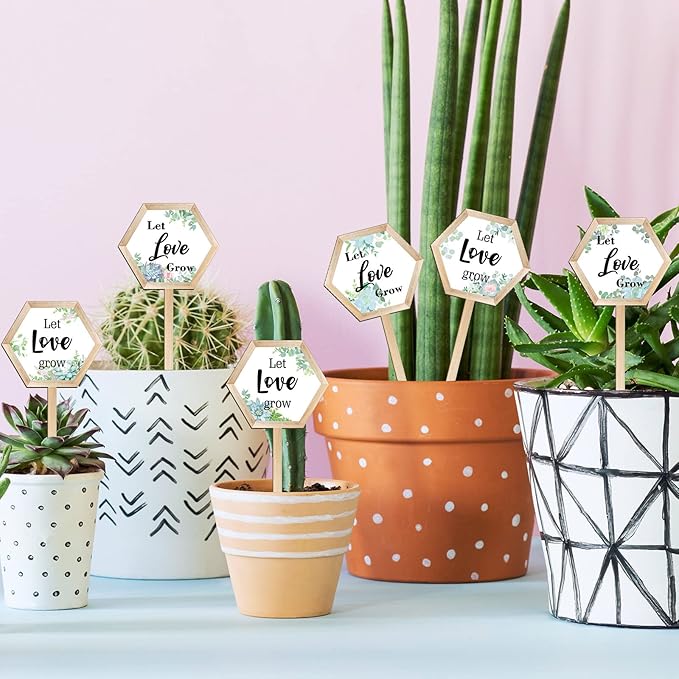 48 Pcs Let Love Grow Succulent Tags Wedding Favors Hexagon Wooden Plant Stakes Label Garden Marker Plant Sign for Wedding Gift Thanksgiving Baby Shower Seed Potted Flower Garden (Love Style)