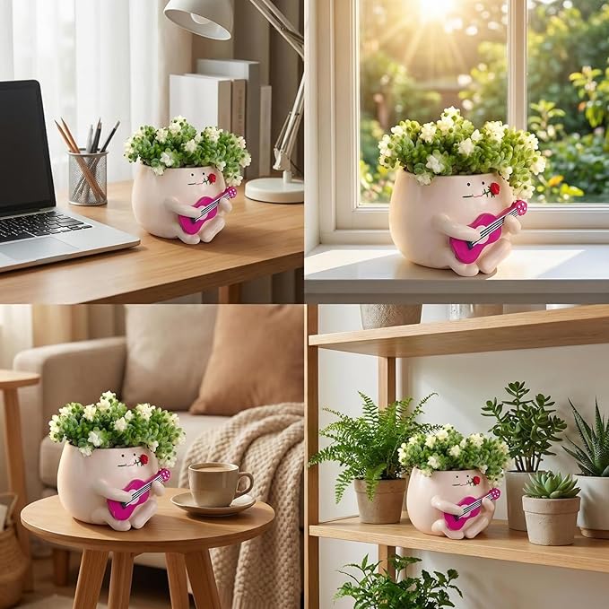 TEARS OF GAIA Lovely Face Planter Pot, Cute Resin Flower Head Planters with Drainage, for Mom, Funny Succulent Plant Lover Gift, Unique Gift Ideal for Plant Lovers (Guitar Baby)