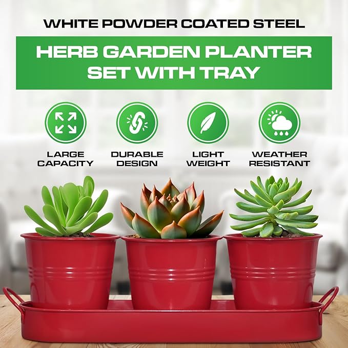 Plexon Herb Planter Indoor Garden Set of 3 with Tray, Metal Herb Pots for Indoor Plants, Round Kitchen Garden Kit Ideal for Windowsill Planter or Countertop, Red Powder Coated