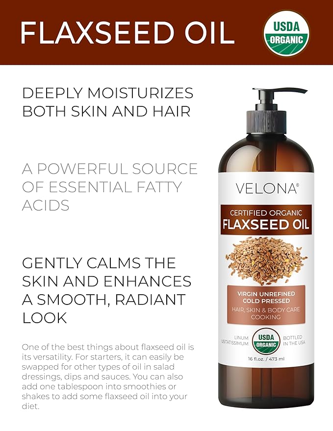 velona USDA Certified Organic Flaxseed Oil - 32 Fl Oz | 100% Pure and Natural Carrier Oil | Unrefined, Cold Pressed |Body, Face & Skin Care | Use Today - Enjoy Results…
