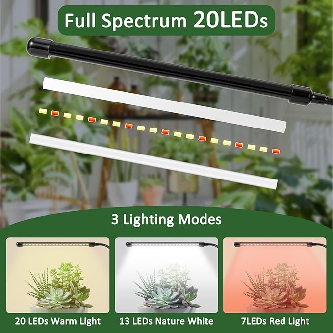 Grow Lights for Seed Starting, 6000K Full Spectrum Grow Lights for Indoor Plants Like Succulents, Fruits and Vegetables, Plant Light with Auto On Off Timing, 9 Dimming, 360 Degree Adjustable