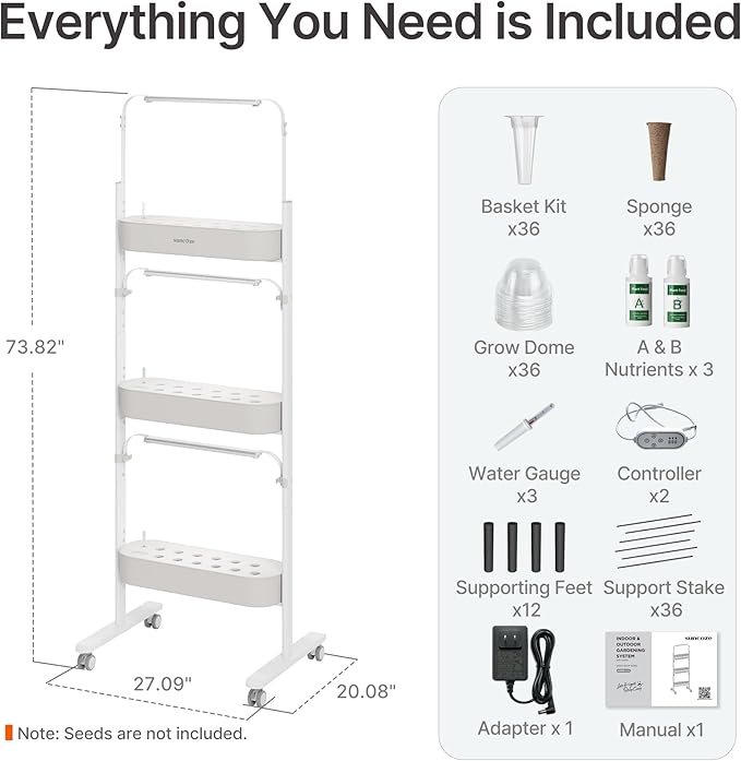 SUNCOZE 3-Tier Hydroponics Growing System Kit with 36 Pods – Full Spectrum Grow Lights, Hydroponic System Equipped with Smart Controller, Indoor Herb Garden Kit for Vegetables, Herbs, Fruits&Flowers