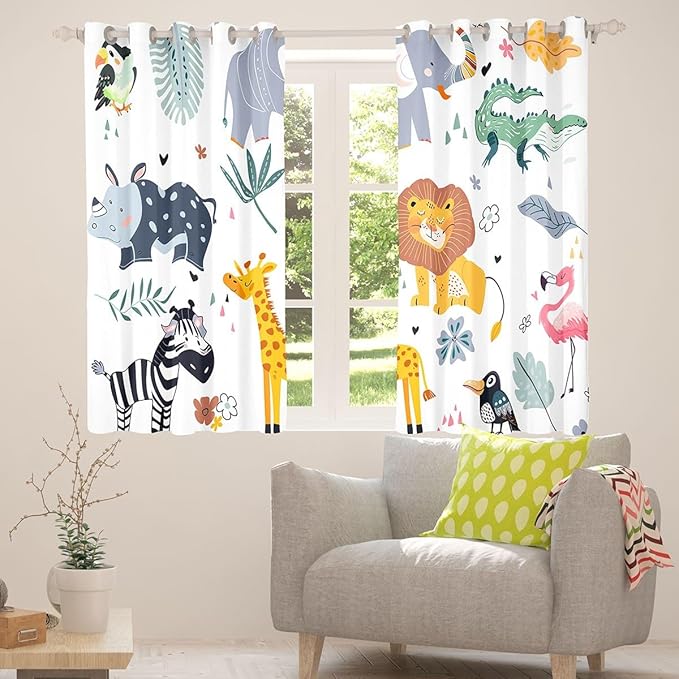 Feelyou Kids Zoo Animal Window Curtains Cute Wild Animals Curtains for Bedroom Cartoon Safari Wild Window Drapes for Boys Girls Teens Exotic Natural Theme Window Treatments, 42x84 Inches,2 Panels