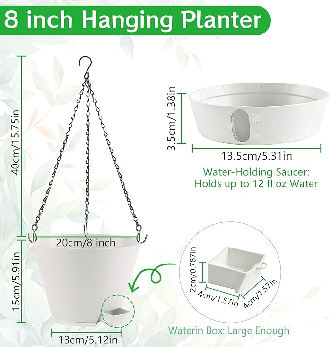8 Inch Hanging Planters Indoor Outdoor, 3 Pack Plastic Self Watering Plant Pots with Drainage Holes & Saucers, Hanging Baskets Flower Pots with Chain for Ivy, Spider Plant, Pothos, Ferns