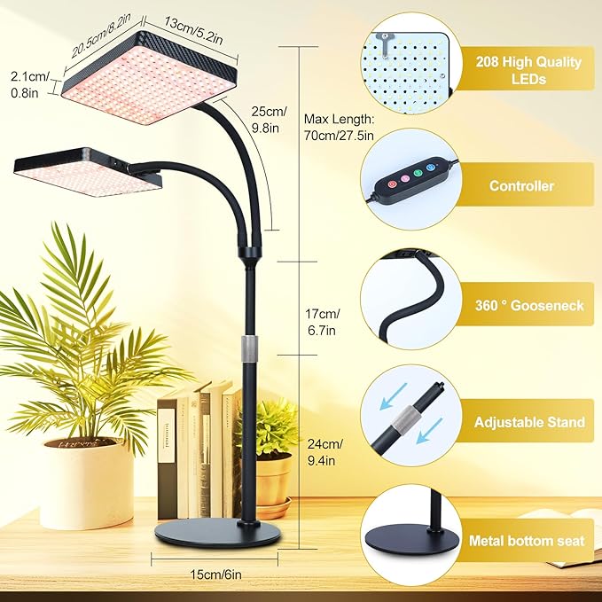 FECiDA 2026 2Head Tabletop Grow Lights for Seed Starting, Indoor Plants, Bonsai, 50 Watt Power Draw, NO Need Adapter, Super Bright and Big Coverage, 4/8/12/16/20 Hr Timer, 16"-24" Height Adjustable