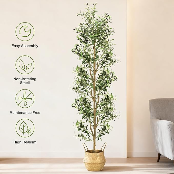 TNELTUEB Artificial Olive Tree 7FT-Large Faux Olive Trees Indoor with White Planter & Basket and Lights, Tall Fake Olive Plants Silk Tree with Branches and Fruits for Christmas Home Decor Office