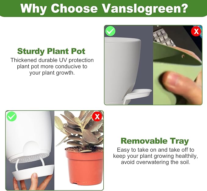 Vanslogreen Planters for Indoor Plants, 8/7/6.5/6/5.5/5 Inch Self Watering Planters with Drainage Hole, Plastic Planters Flower Pots for Indoor Outdoor Plants (Matte White)
