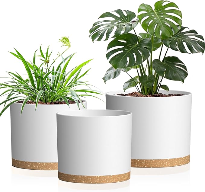 10/9/8 Inch Large Plant Pots with Drainage Holes and Trays, 3 Pack Modern Minimalist Cylinder Planters for Monstera, Snake Plant, Indoor Outdoor (Matte White & Brown)