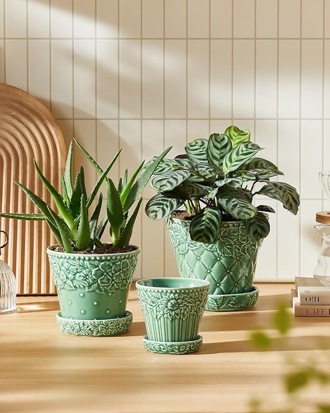 Metahom Succulent Ceramic Pots, 3.8 Inch Small Plant Pots with Drainage Hole & Saucer, Flower Planter Pot for Indoor Plants Cacti, Home Decor, Set of 4, Green