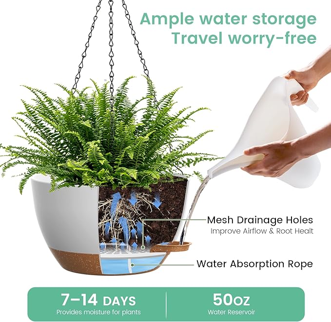 UOUZ 13 Inch 2 Pack Large Self Watering Hanging Planters for Indoor Outdoor Plants, Hanging Plant Pots with Removable 50 Oz Reservoir, Plastic Hanging Basket for Window Porch Garden, White with Brown