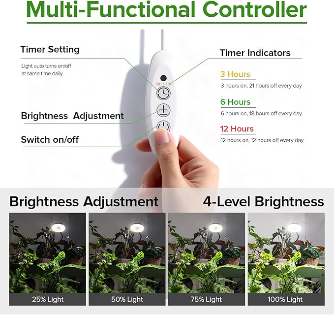 12W Stake & Desktop Grow Light for Indoor Growing,12W Grow Light with Stake High PPFD,Full Spectrum Desk Growth Lamp with Automatic Timer,4 Dimmable Levels,Height Adjustable 25"-68"（White