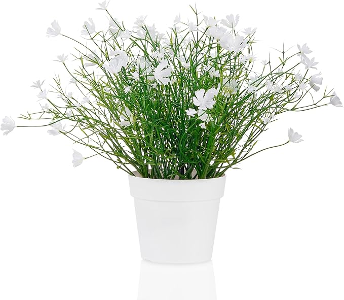 Artificial Babys Breath Potted Fake Plants with Flowers Faux Plants Indoor for Home Office Bookshelf Table Room Decor (White)