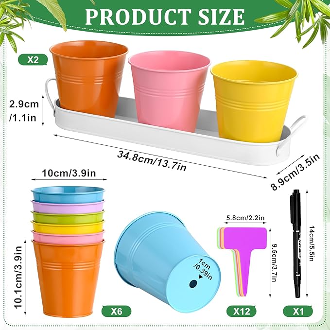 Indoor Herb Garden Set of 6 Metal Herb Planter Windowsill Plant Pots with Tray Drainage Holes for Outdoor Or Indoor Plants (Multicolor)