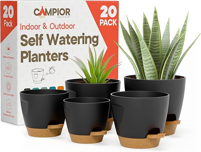Black Self Watering Pots 20 Pack, Indoor and Outdoor Plant Pots with Wick Rope & Drainage Holes, Easy Watering Lip, Lightweight Plastic Self Watering Planter for Succulents, Houseplants, and Herbs