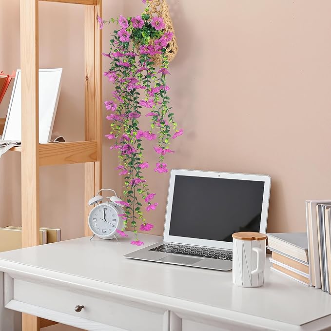 FAVOWREATH Fake Plants Hanging Artificial Potted Faux Eucalyptus Plants and Flowers for Modern Boho Farmhouse Bathroom Office Desk Wall Book Shelf Living Room Aesthetic Decor Indoor (Purple)