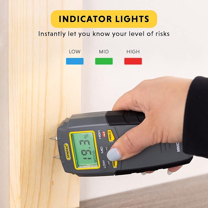 General Tools MMD4E Digital Moisture Meter, Water Leak Detector, Moisture Tester, Pin Type, Backlit LCD Display With Audible and Visual High-Medium-Low Moisture Content Alerts, Grays