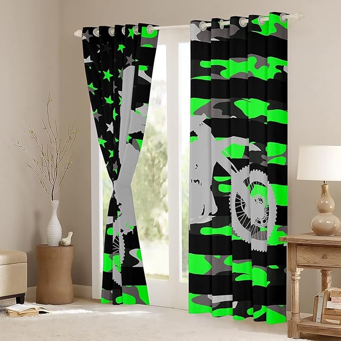 Feelyou Fluorescent Green Camo Curtains Bedroom Living Room Dirt Bike Darkening Drapes Boys Extreme Sports Blackout Curtains Camouflage Racing Motocross Rider Window Treatments, 2 Panels 38 x 54 Inch