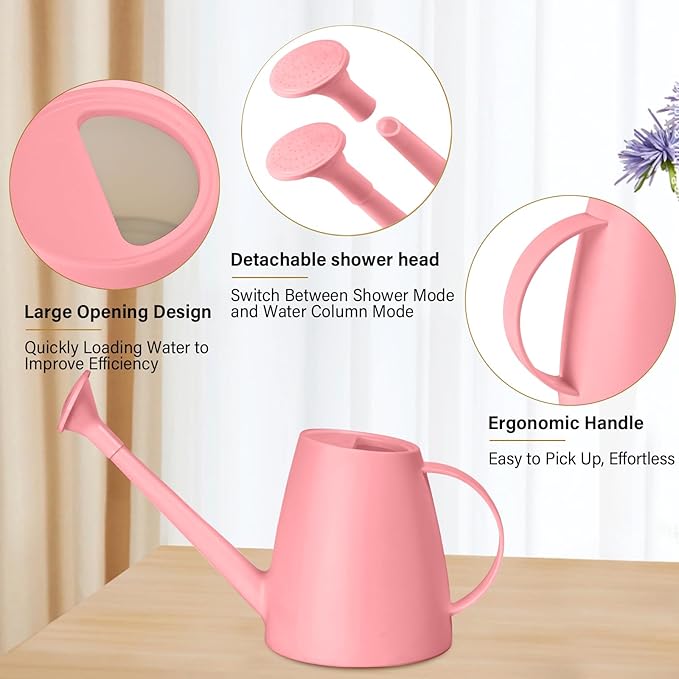 Plastic Watering Can - for Indoor and Outdoor House Plant Garden - with Long Spout - 1/2 Gallon - Pink