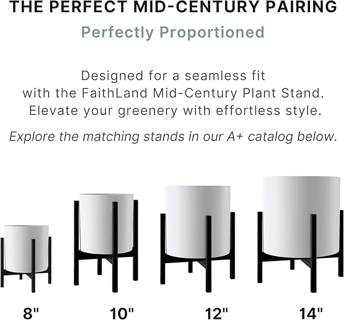 FaithLand 8 Inch Fiberstone Planter - Lightweight Modern Cylinder Plant Pot with Drainage Hole & Plug, Indoor Outdoor Use, Matte White