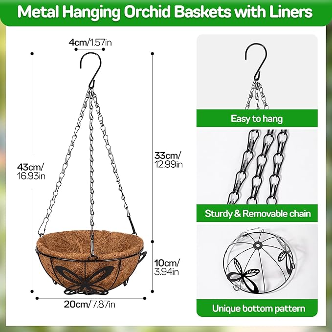 QCQHDU 3 Pack 8 inch Metal Hanging Orchid Baskets for Plants Outdoor, Hanging Orchid Planter Basket with Coco Liners, Orchid Pots with Holes for Garden, Patio, Deck, Porch Plants(Butterfly)