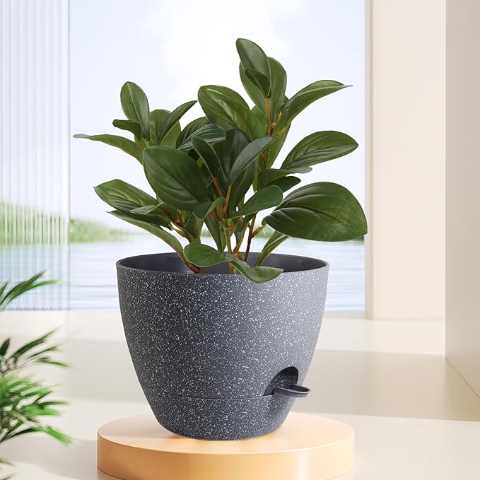 WSMKSZ 12 inch Large Self Watering Pots, Planter, Plant Pots with Mesh Drainage Holes for Indoor Outdoor House Plants and Garden, Plastic Flower Pots with Deep Reservoir, Speckled Grey