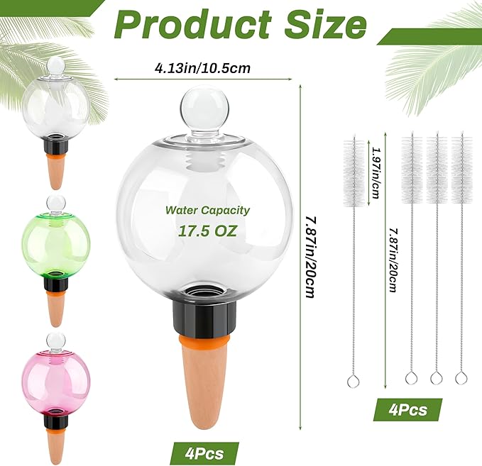 4pcs Plant Watering Globes with 4 Cleaning Brushes, Colorful Self Watering Bulbs (2 White, 1 Green, 1 Pink), Slow Release Water Spikes, Automatic Plant Watering Devices for Indoor Plants