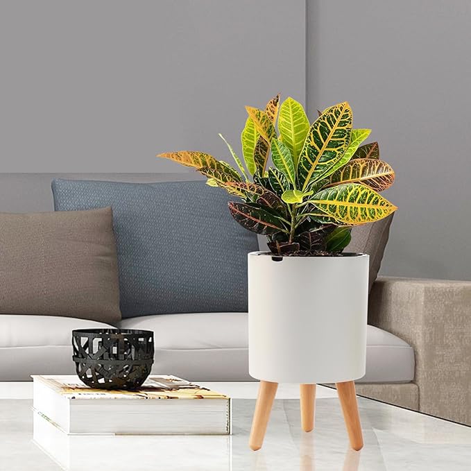Oliz 7.8 Inch Planter Pot with Solid Wood Legs, Self Watering Planter Pots with Water Shortage Alarm Planter Pot for Indoor Outdoor Modern Flower Planter for Home & Garden(White)