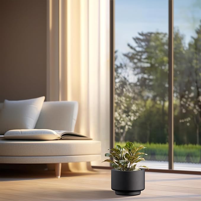 Kante 10 Inch Dia Concrete Planter, Round Pedestal Design Garden Pot for Indoor Outdoor Plants, Modern Flower Pot with Drainage Hole and Rubber Plug, Black
