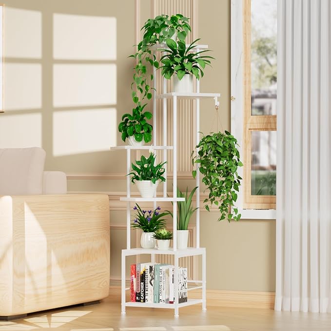 Homsorout Plant Stand Indoor with Grow Light, 6-Tiered Tall Plant Stand Indoor, Metal Plant Shelf with Hanging Basket Hook and Adjustable Light, Ideal for Living Room, Garden, Patio white