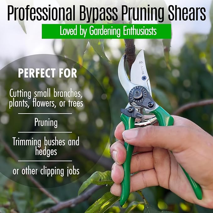Adre Bypass Garden Pruning Shears – 8-inch Professional Pruning Shears for Gardening – High Carbon Steel Garden Clippers with Non-Slip Handles – Sharp Hand Pruners for Small Branches, Pruning Trimming