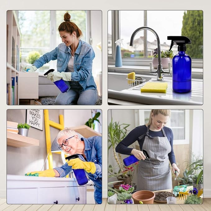 Worldgsb Glass Spray Bottles, 16oz*2+4oz*2+2oz*4 Refillable Containers, Empty Boston Round Bottles with Adjustable Nozzle for Cleaning, Gardening, Aromatherapy, Pets, Plant, Hair - Blue