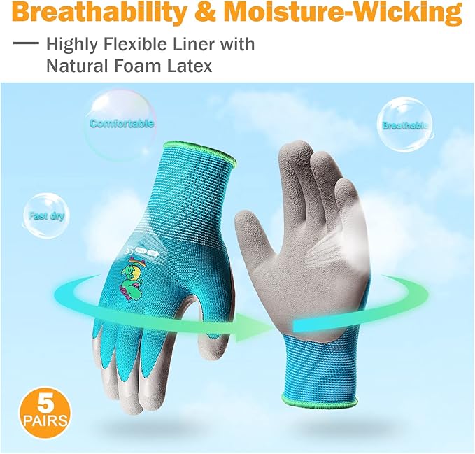 KDK 5 Pairs Kids Gardening Gloves Yard Work Gloves Children Soft Safety Rubber Coated Glove for Toddlers Youth Girls Boys Children (9-12yr L)