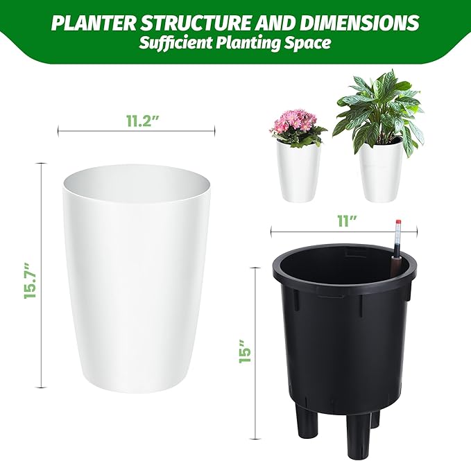 16" Tall Planter Set of 2, Self Watering Pots with Built-in Drainage and Water Level Gauge, Large Planter Pots for Garden, Patio, Balcony, Lounge, White