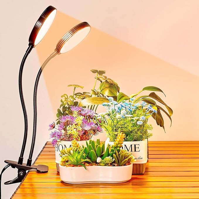 Clip on Grow Lights for Indoor Plants, Full Spectrum Plant Grow Lights, 2 Head Growing Lamp with Timer, 3 Dimmable Brightness Levels, Low Safe Voltage, Perfect for Small Plants