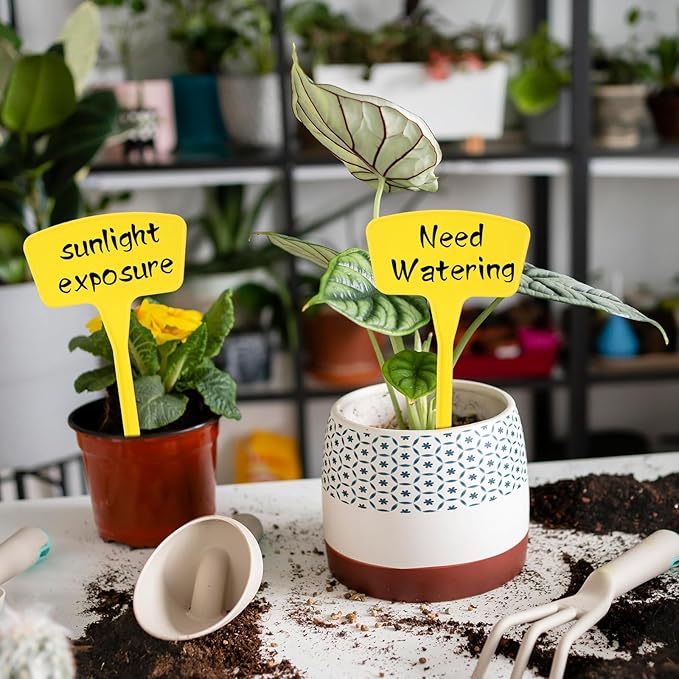 100 Pcs Plant Labels, Garden Markers Signs with Pen, 10.62" Large Plastic Plant Tags Waterproof T-Type Tags, Durable Nursery Garden Markers for Outdoor Indoor Potted Plants Flowers Seeds (Yellow)