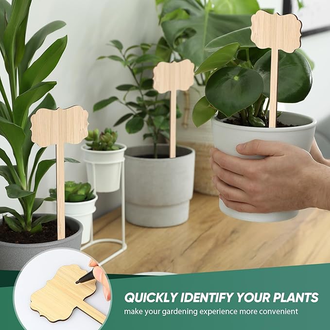 Jingmore 100 Pcs Bamboo Garden Markers Plant Labels 8 Inch Extra Long Plant Tags for Seedlings with Pen T-Type Tags Waterproof Nursery Garden Signs for Outdoor Flower Herb Potted