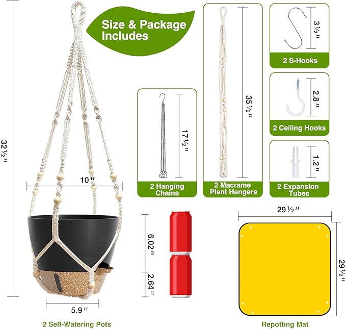 LEWESU Set of 2 Hanging Planters for Indoor Plants with Self Watering Includes Hanging Pots and 2 Types Plant Hangers, Outdoor Hanging Baskets Holder for Home Garden, 10 Inch Midnight Black