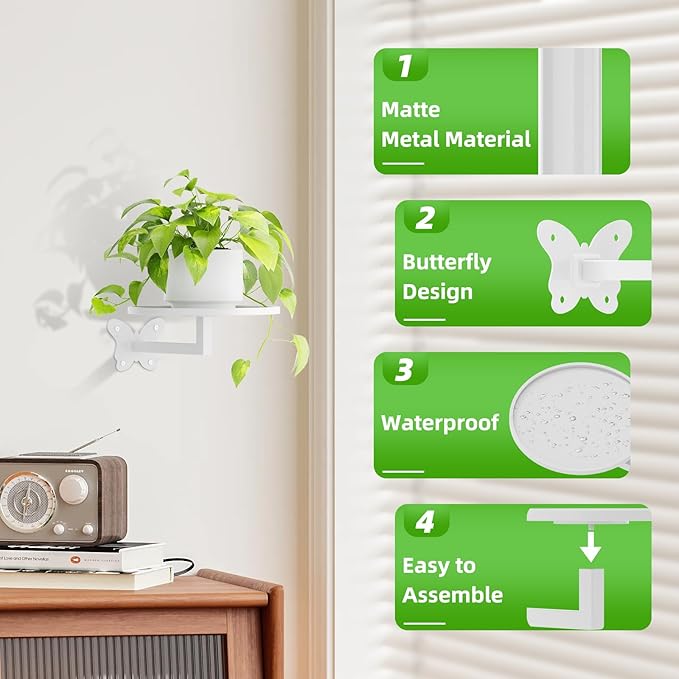 Wall Mounted Plant Holder Butterfly Metal Hanging Shelf for Indoor Plants Succulents Flowers Decor Sturdy Wall Mounted Storage for Bedroom Living Room Space-Saving 2-Pack White