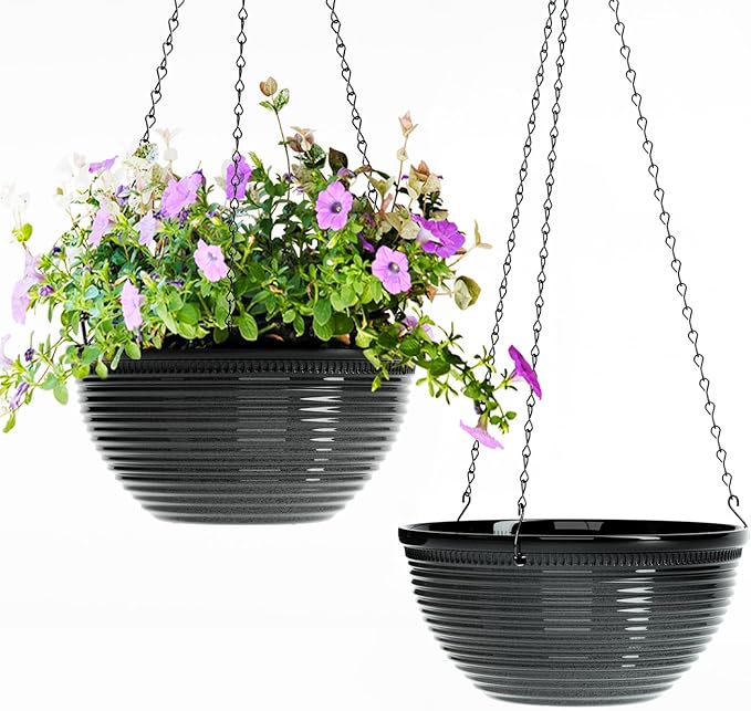Vanslogreen 2 Pack Hanging Planters for Indoor Outdoor Plants, 10 Inch Hanging Planter with Drainage Hole & Plug Glazed Hanging Baskets Flower Pots for Garden Home (Black)