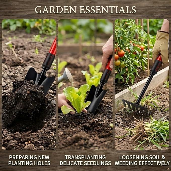 Garden Tools Set, 3 Gardening Tools Include Hand Trowel, Rake, Transplant Shovel, Lightweight Heavy Duty Garden Tool with Non Slip Handle for Yard Weed, Plant, Crack, Gardening Gift for Men & Women