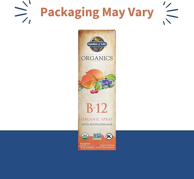 Garden of Life Organics B-12 Spray with Methylcobalamin – Liquid Vitamin Spray for Energy, Metabolism & Heart Health Support, Raspberry Flavor, 2 Fl Oz Bottle, 140 Servings